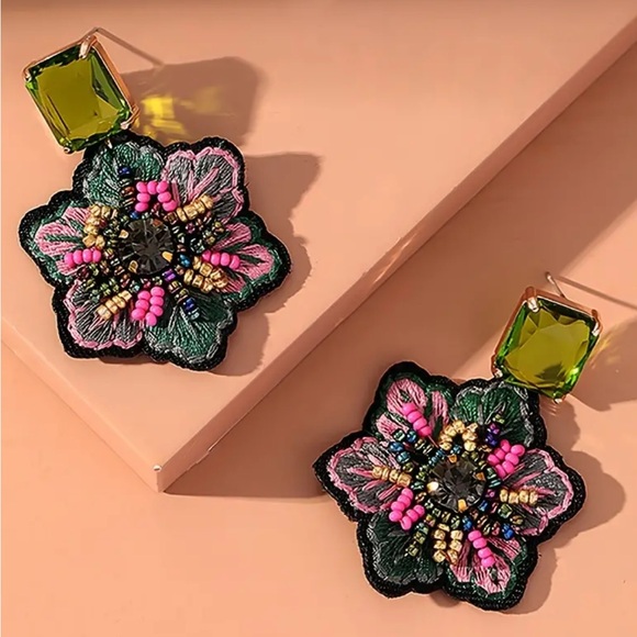 Zircon and Seed Beaded Embroidered Flower Earrings - Picture 2 of 4